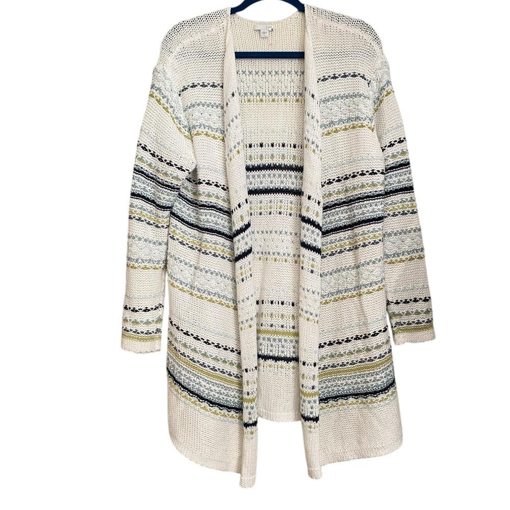 J. Jill Cream Open Front Striped Knitted Sweater Long Cotton Nautical Cardigan